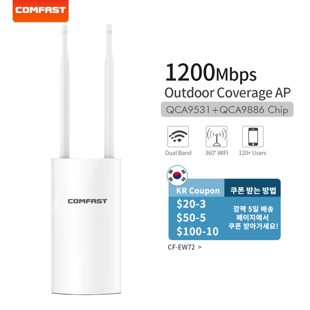 COMFAST High Power Outdoor Wireless WiFi Repeater AP/WiFi Router Dual Dand 5Ghz 1200Mbps Long Range Extender Coverage CF-EW72