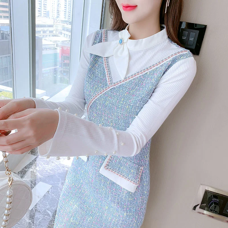 Dress Elegant 2022 New Winter Dress Slim Fit Patchwork Tweed Buttock Skirt Medium