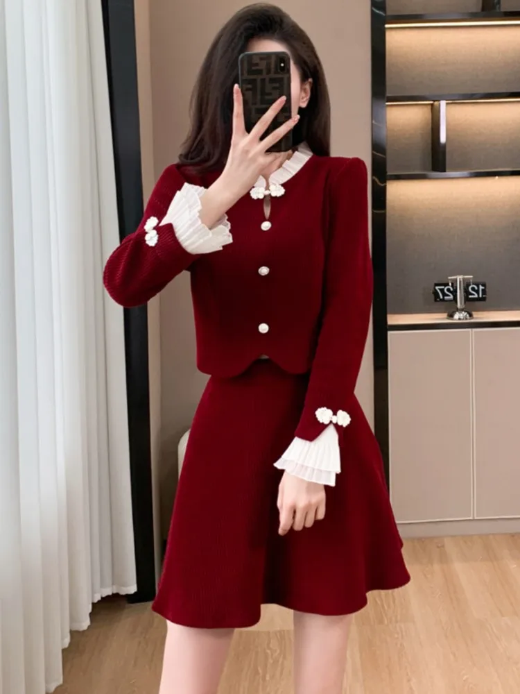 Y2K Sweet Corduroy Skirt Suit Модный новый лоскутный расклешенный топ с длинными рукавами +