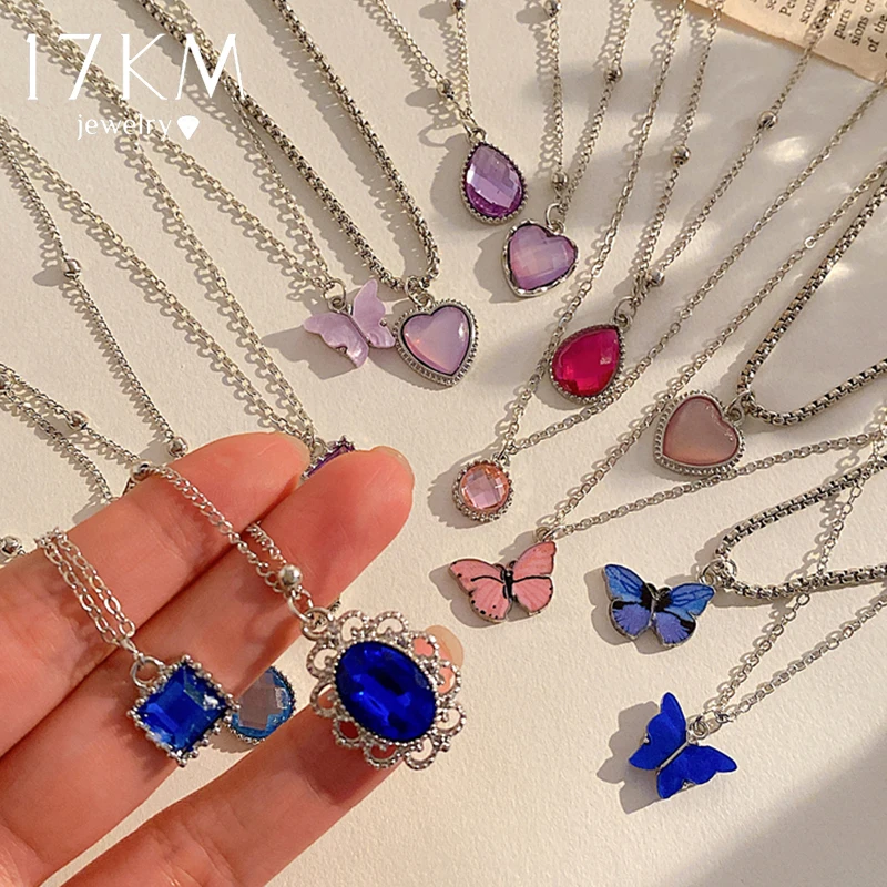 17KM 5Pcs Crystal Butterfly Necklaces Set Heart Animal Silver Color Chain Chokers Geometric Irregular Trendy Jewerly for Women - купить по