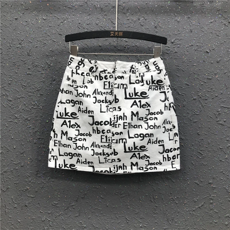 

Mini Skirts 2022 Summer New Letter Printing Slim Empire Waist Korean A-line Bodycon Denim Skirt