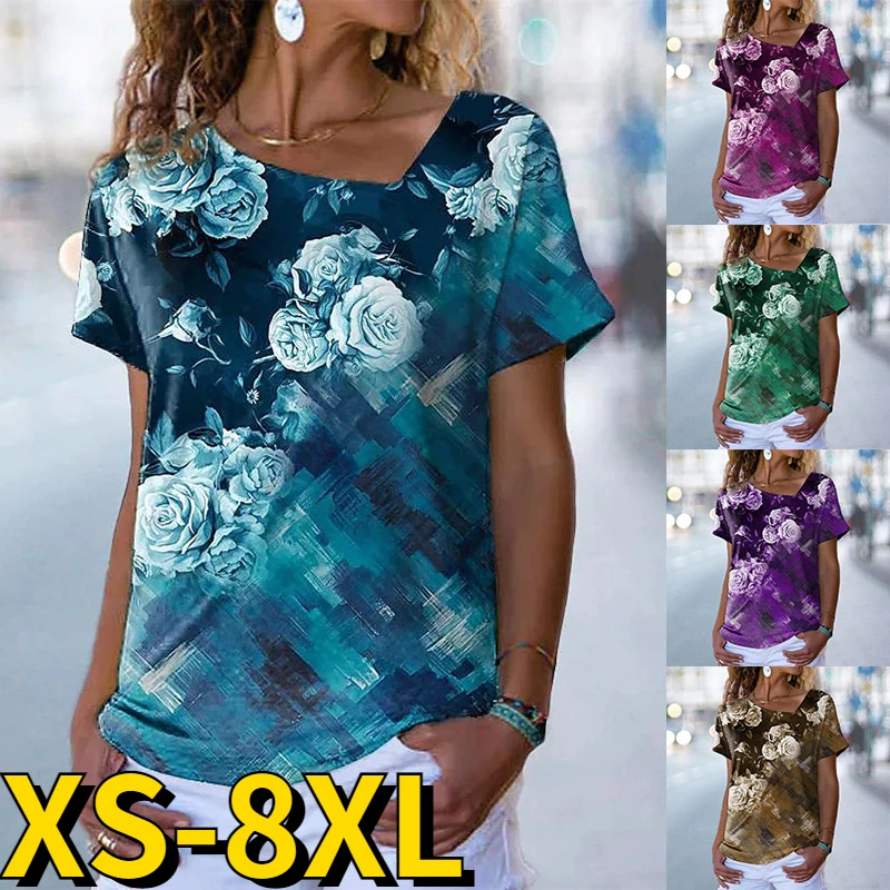 

2022 Summer Women's 3D Flower Printed Tee Shirts V Neck Daily Tops Casual Streetwear New Design Female Fashionable Tee Shirt