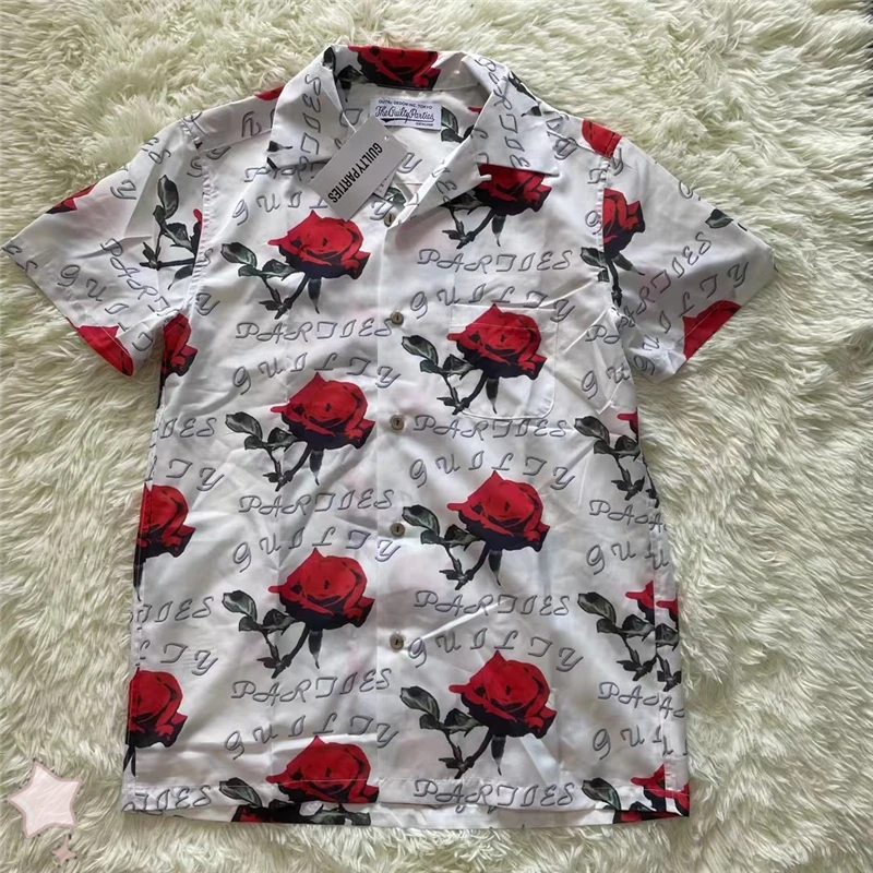

Men Women WACKO MARIA Shirt 1:1 Best Quality Red Rose Flowers Full Print Shirt