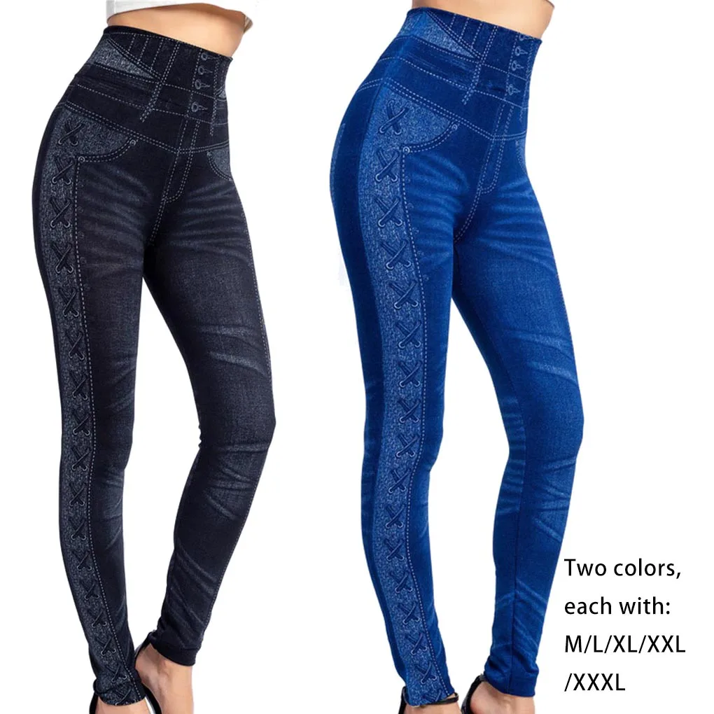 

Sports Leggings Female Pants Faux Denim Clothes Multicolored Black