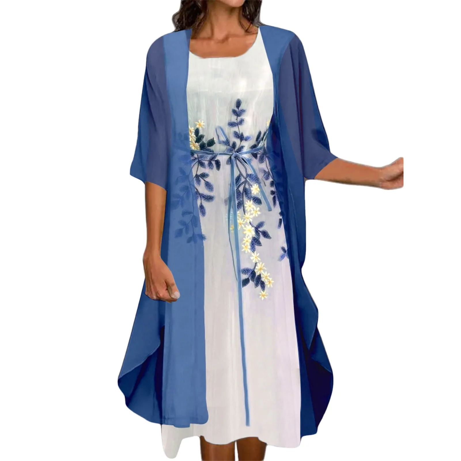 

Floral Print Dress Set Women Sleeveless Maxi Dress Loose Long Sleeve Cardigan Outwear Two Piece Set Women Dress Robe Outfits