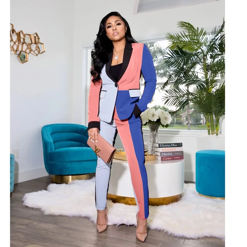 Contrast Colors Blazer Suit 2 Piece Set Women Single Button Street Blazers Pencil Pants Set High Waist Office Commute Pant Suits