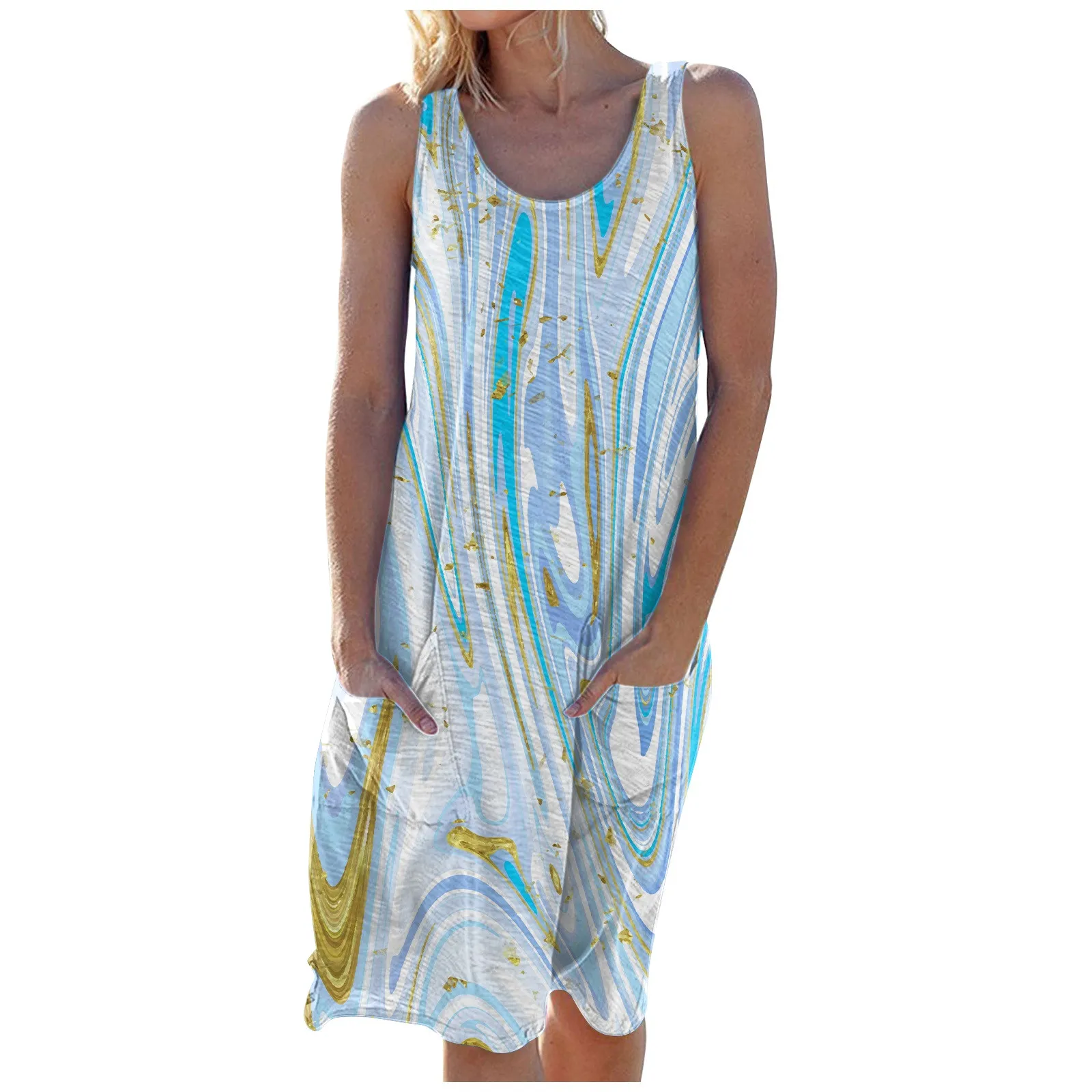 

Women Party Dresses Women'S Fashion Summer Printed Pattern Stripes Sleeveless Dress Crewneck Large Hemline Dress Vestidos