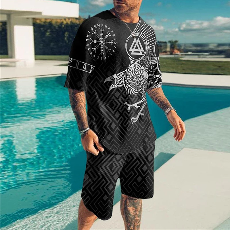 

Summer T Shirt for Men Black T-Shirt Suit 3D Printing Mechanical Eagle Pattern Fashion Crewneck Tees Men Shorts Plus Size Sets
