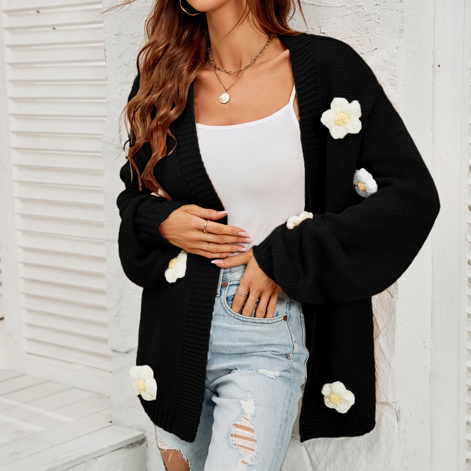 

Female Knit Cardigan Lantern Sleeve Open Front Cropped Floral Applique Drop Shoulder Cardigan Casual Comfy Soft Solid Daily Wear