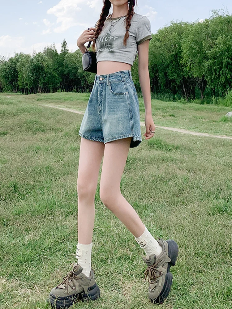 Streetwear Women Vintage Wide Leg High Waist Blue Denim Shorts Spring Summer Female Loose Retro Jeans Shorts Bottoms