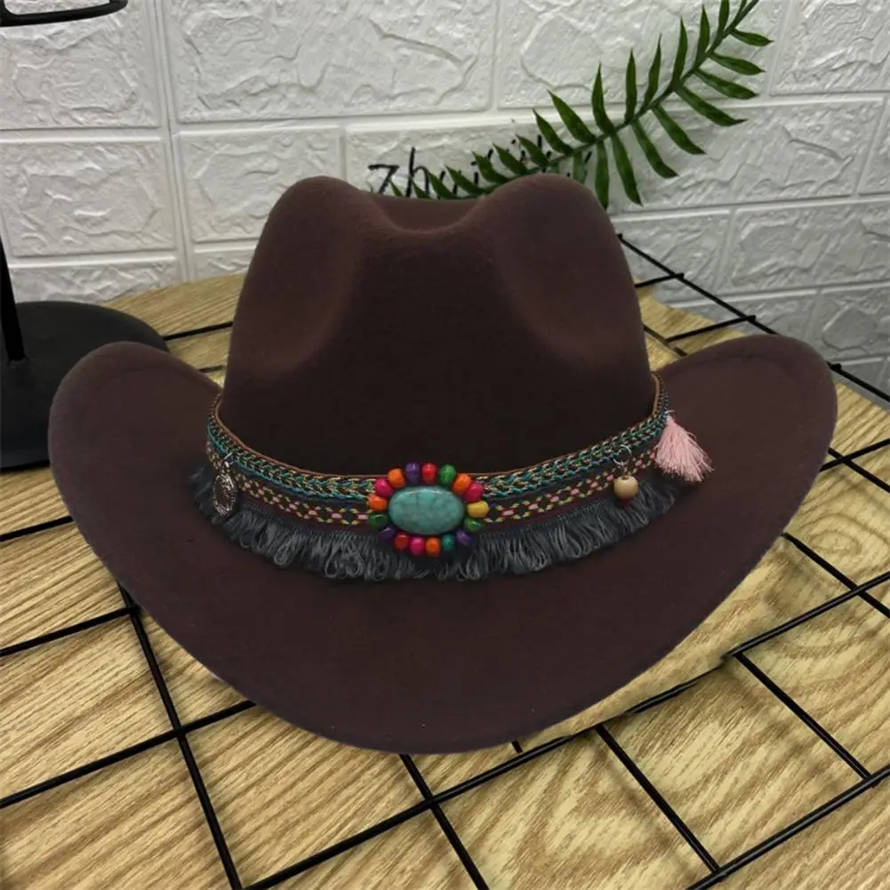 

Woolen Hat Top Hat Stylish Ethnic Beaded Fedora Hat for Men Women Trendy Woolen Top Hat with Upturned Brim Fashionable