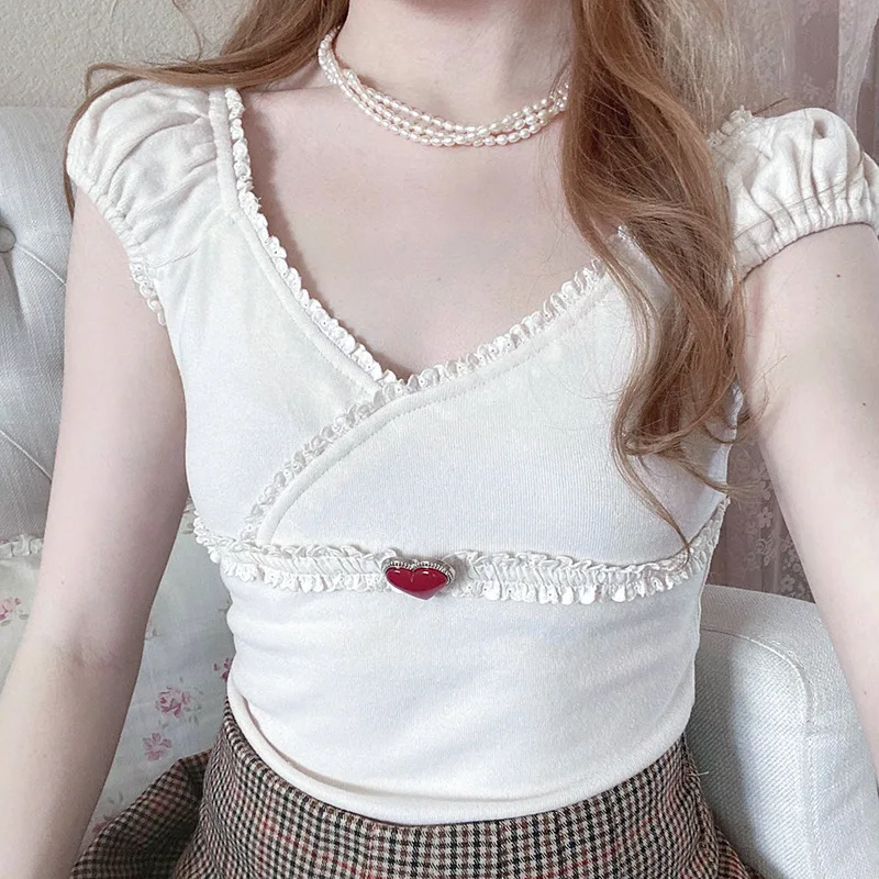 

Sweet Cute T Shirt Women Short Sleeve Y2k Fashion Summer Clothing Love Decoration White Crop Top Tshirt Slim Fit Casual Outfits