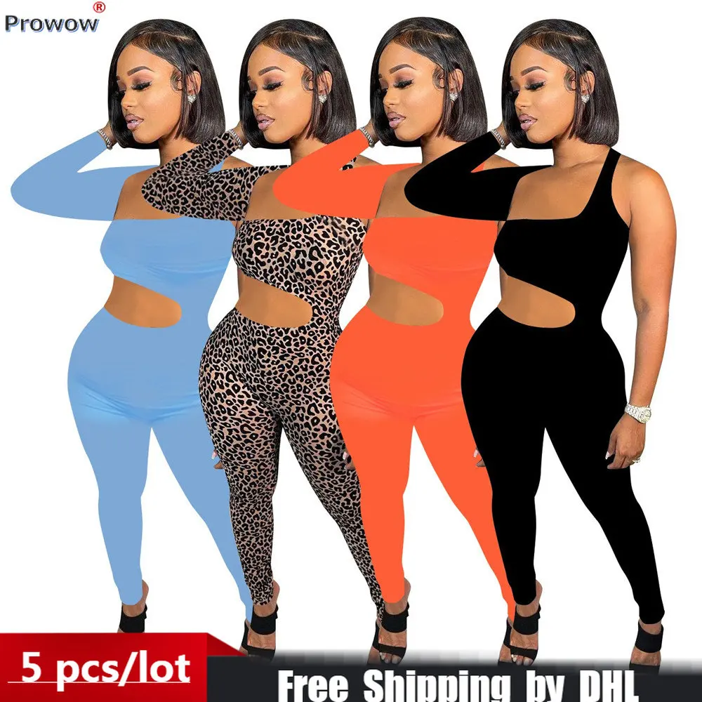 Wholesale Women Leopard Jumpsuits Sexy Bodycon Hollow Lady Romper Pants Asymmetrical Single Shoulder Long Sleeve One-pieces 8698