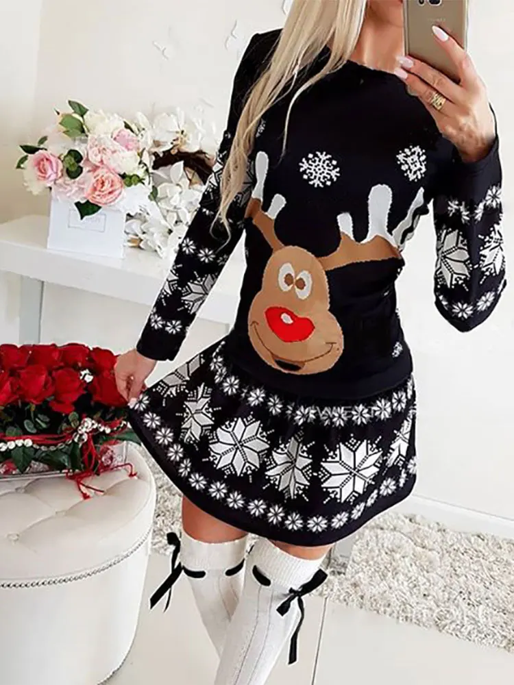 

Christmas 2022 Elk Printed Party Sweater Women Fashion O Neck Long Sleeve Pullover Female Autumn Winter Sexy Bodycon Lady Tops