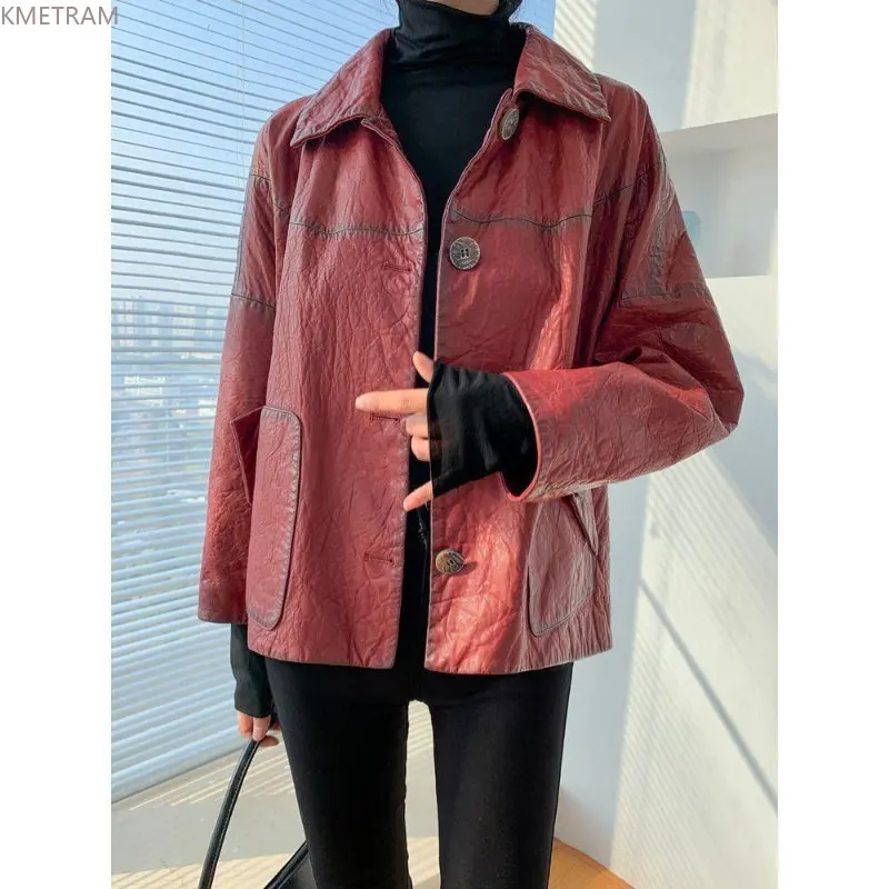 

Куртка женская короткая из натуральной овечьей кожи, свободный жакет в винтажном стиле, уличная одежда