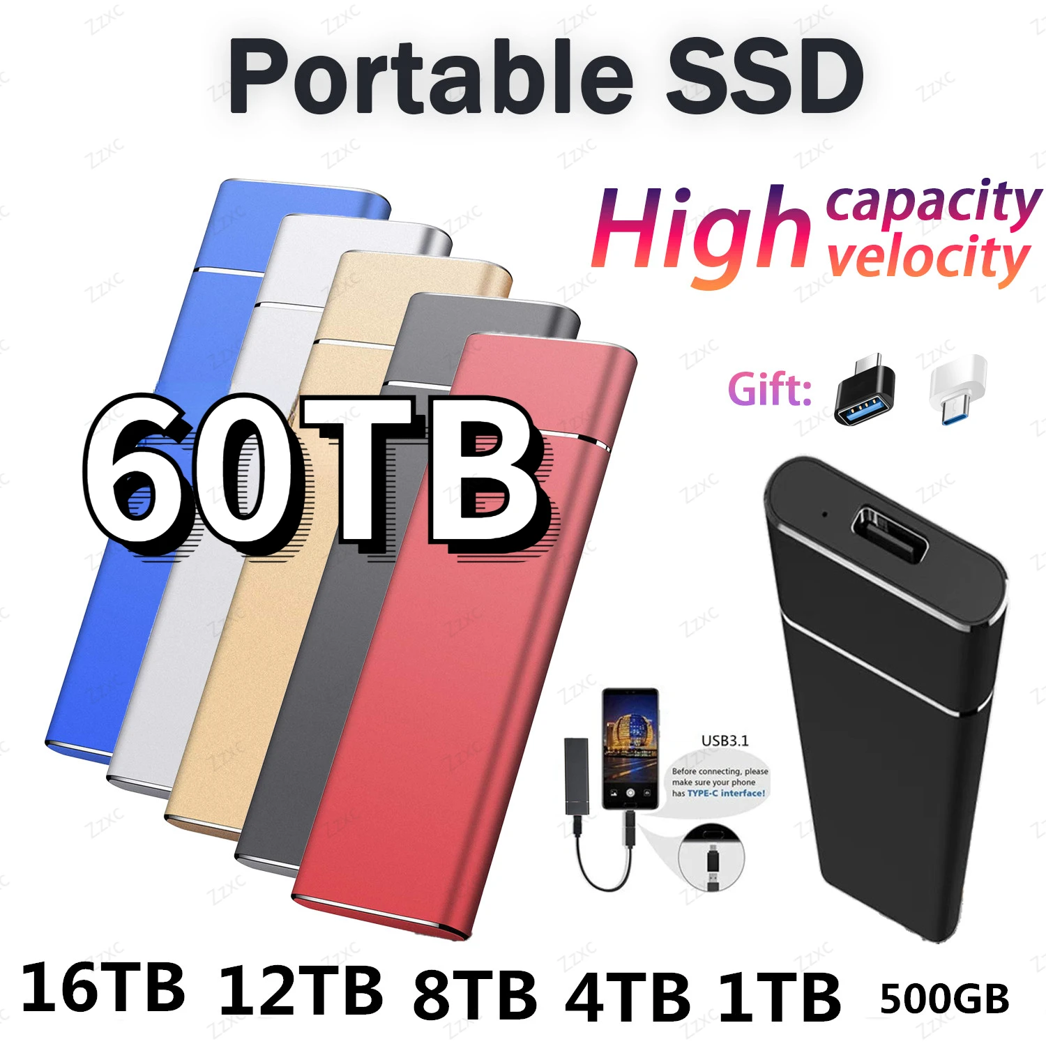 

New 60TB Portable SSD External Solid State Drive for Laptop Type-C USB Memory 3.1SSD 16TB 500GB Hard Drive Flash Memory For PC