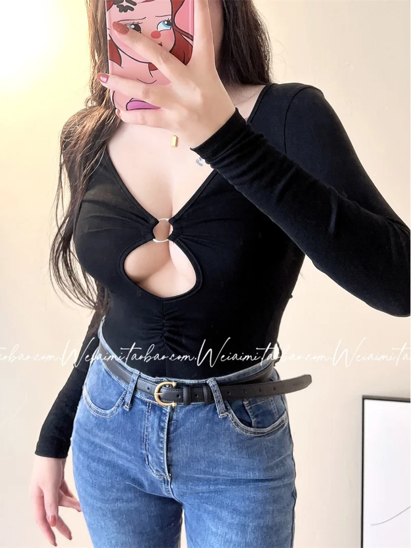 

Spice Girl Swwet Top Fashion V-Neck Sexy Long Sleeve Bodysuits Women Long Sleeve Hollow out Sweet Hot Sexy Women Tops 9OLE