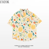 cozok vacation style short sleeved shirt for women 2022 summer korean style loose fat girl retro polo collar shirt vintage