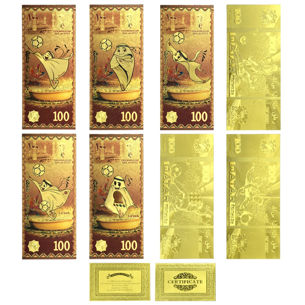 

8pcs/set 2022 Qatar Football Commemorative Card Banknotes Lucky Mascot Gold Foil Banknotes Souvenirs for Home Decor
