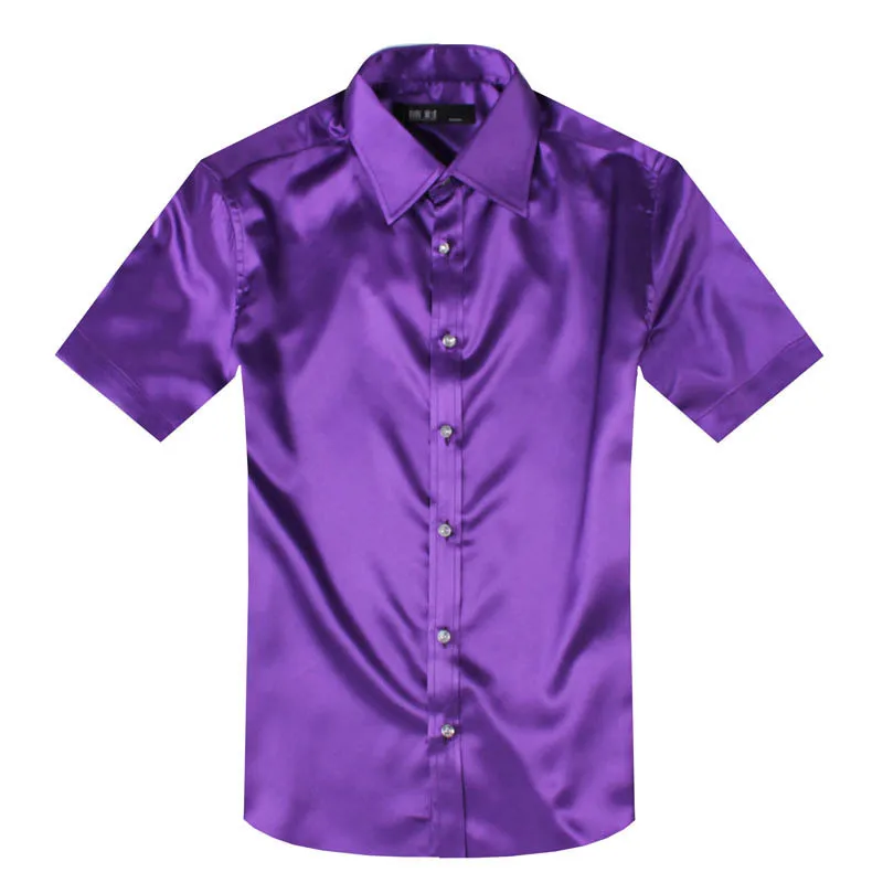 Men's Dress Silk Satin Groom Short Sleeve Shirts Regular Size