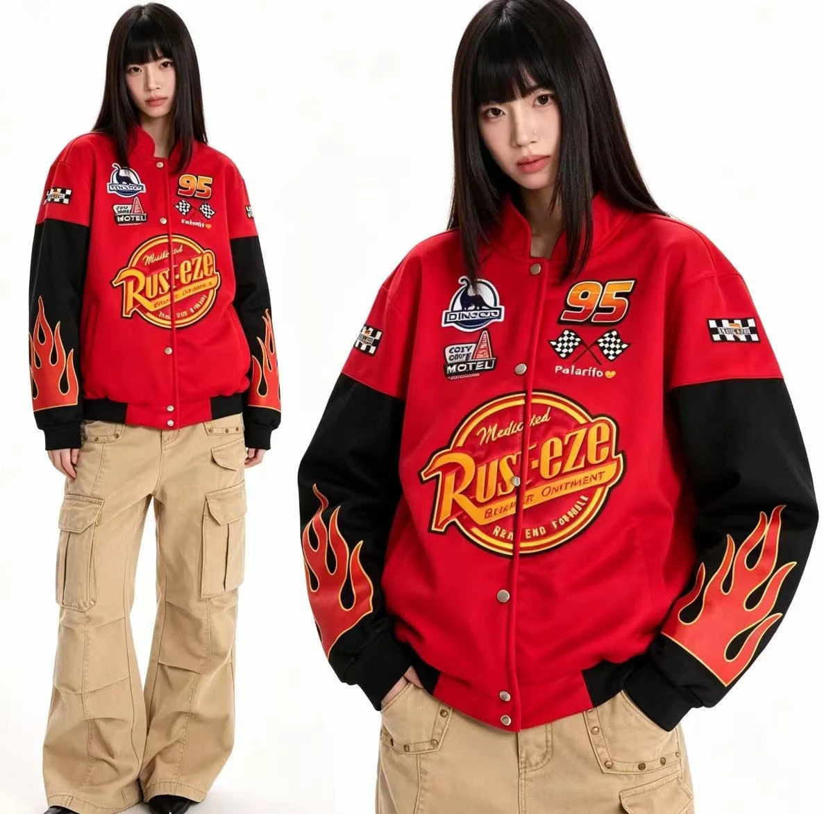 Фото Куртка-бомбер Y2K Red Flame Lightning Mai 95 Racing Pilot унисекс с ретро-принтом Rusteze, мотоциклетная, в стиле хип-хоп, уличная №1