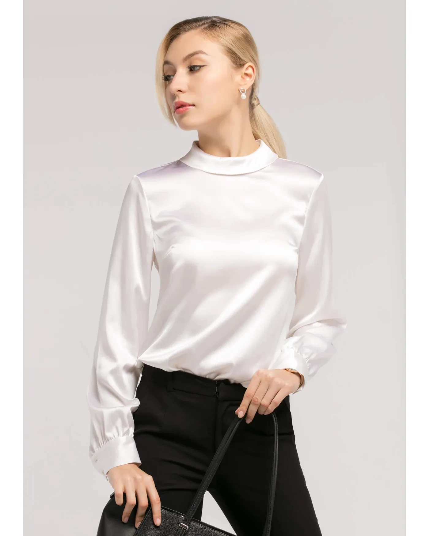 

YUNFREESILK Shirt Stand Collar Long Sleeves Mulberry 22mm Silk Blouse