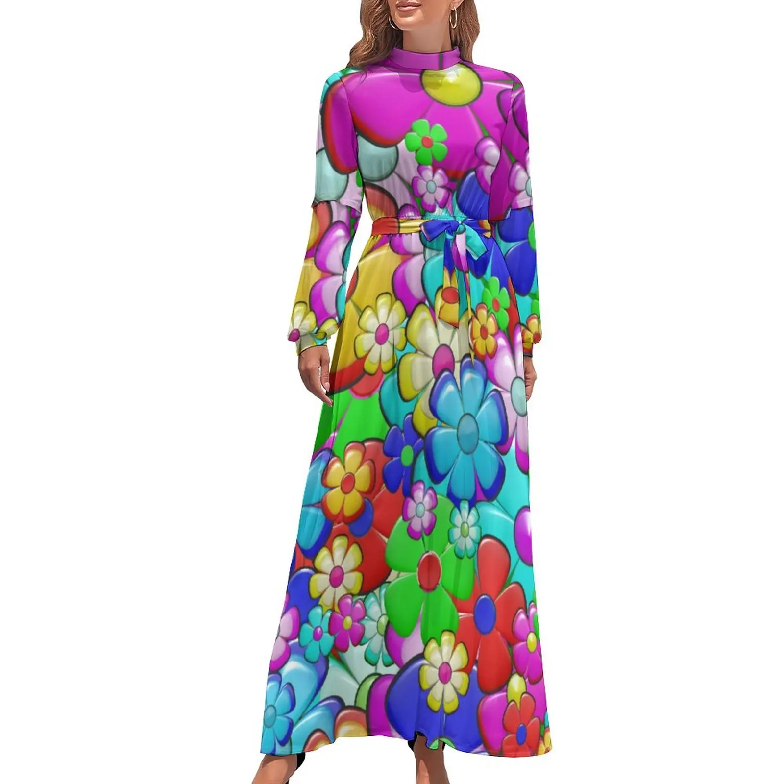 

Hippy Flowers Print Dress Long Sleeve Retro Modern Art Cute Maxi Dress High Neck Street Style Bohemia Long Dresses Gift Idea