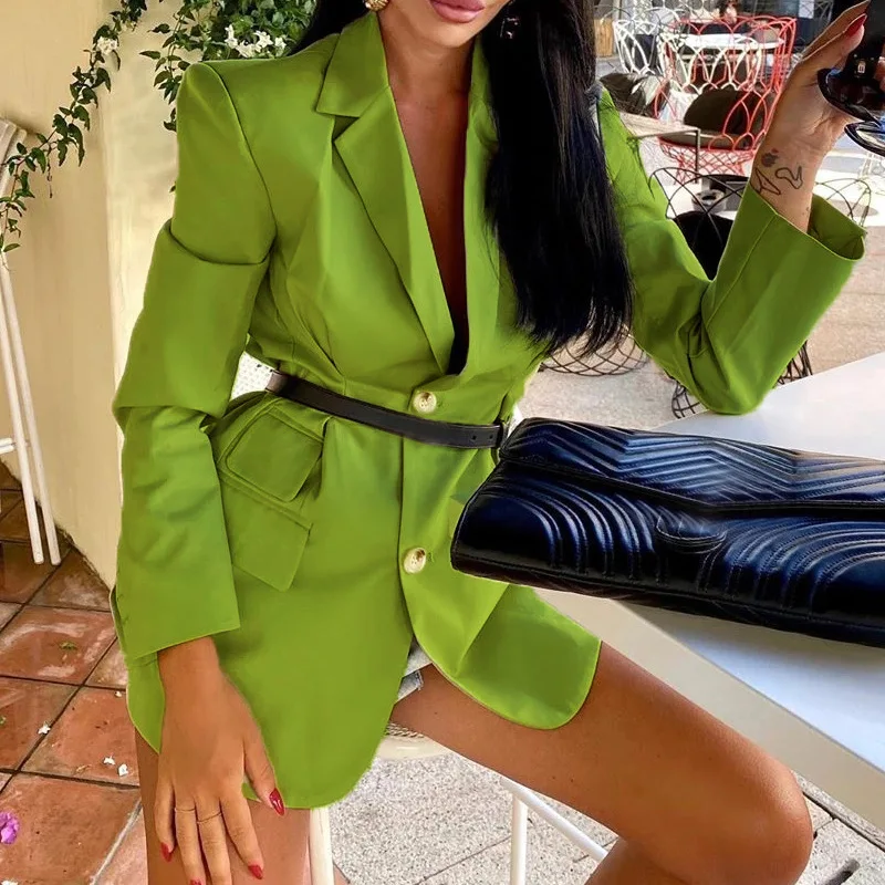 

Fluorescent Green Single Breasted Office Blazer Female 2021 Spring Autumn Fashion Commute Business Suit Women with Ruched Y2k