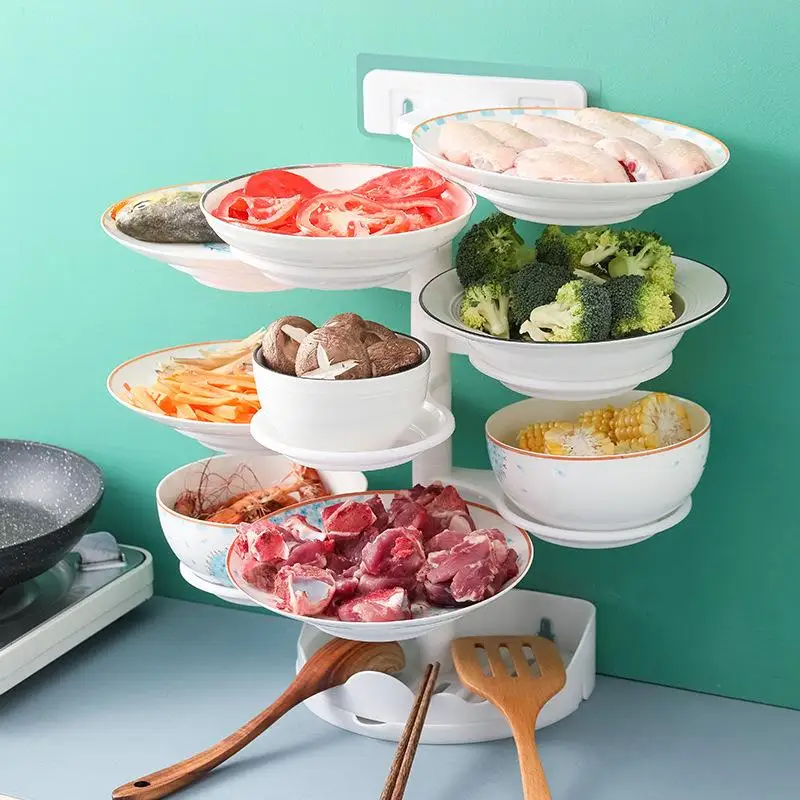 

Kitchen Pagoda Vertical Wall-Mounted Multi-Layer Side Dish Rack Rotatable Vegetable Preparation Tray Bowl Plate Shovel Spoon