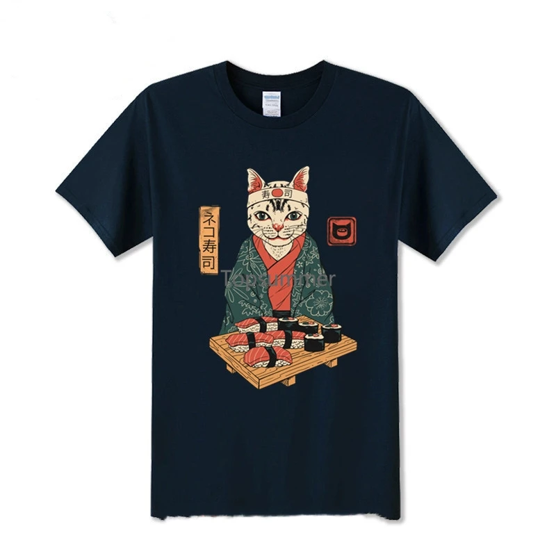 

M I J Streetwear Japan Sushi Style Ukiyo E Funny Samurai Tattoo Cat Tshirts Mens Short Sleeve T-Shirts Hip Hop Embroidery Tees