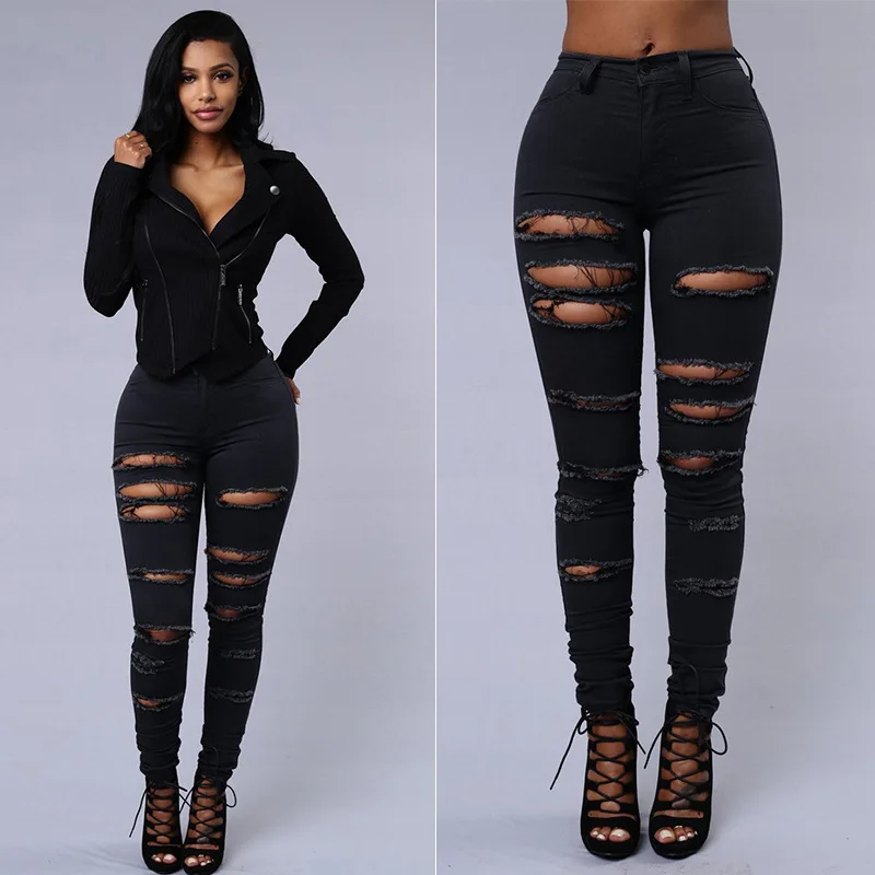 2022 New High Quality Women's Solid Color High Waist Ripped Skinny Little Foot Jeans