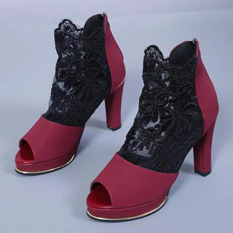

New Sexy Prom Wedding Shoes Sandals With Coarse Heels Spring And Summer New European American Waterproof Mesh Gauze Shoes