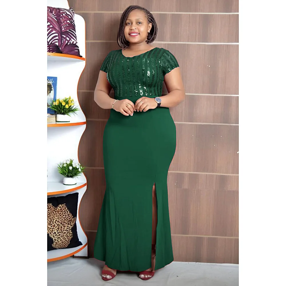 

2023 African Dresses for Woman Summer Elegant African Short Sleeve O-neck Sequined Polyester Wedding Party Maxi Robe