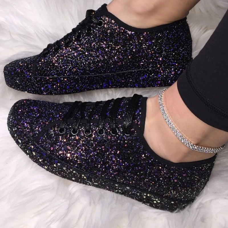 2023 Women Lace Up Sneakers Glitter Autumn Flat Vulcanized Ladies Bling Casual Female Fashion Platform Fashion Flat Shoes New