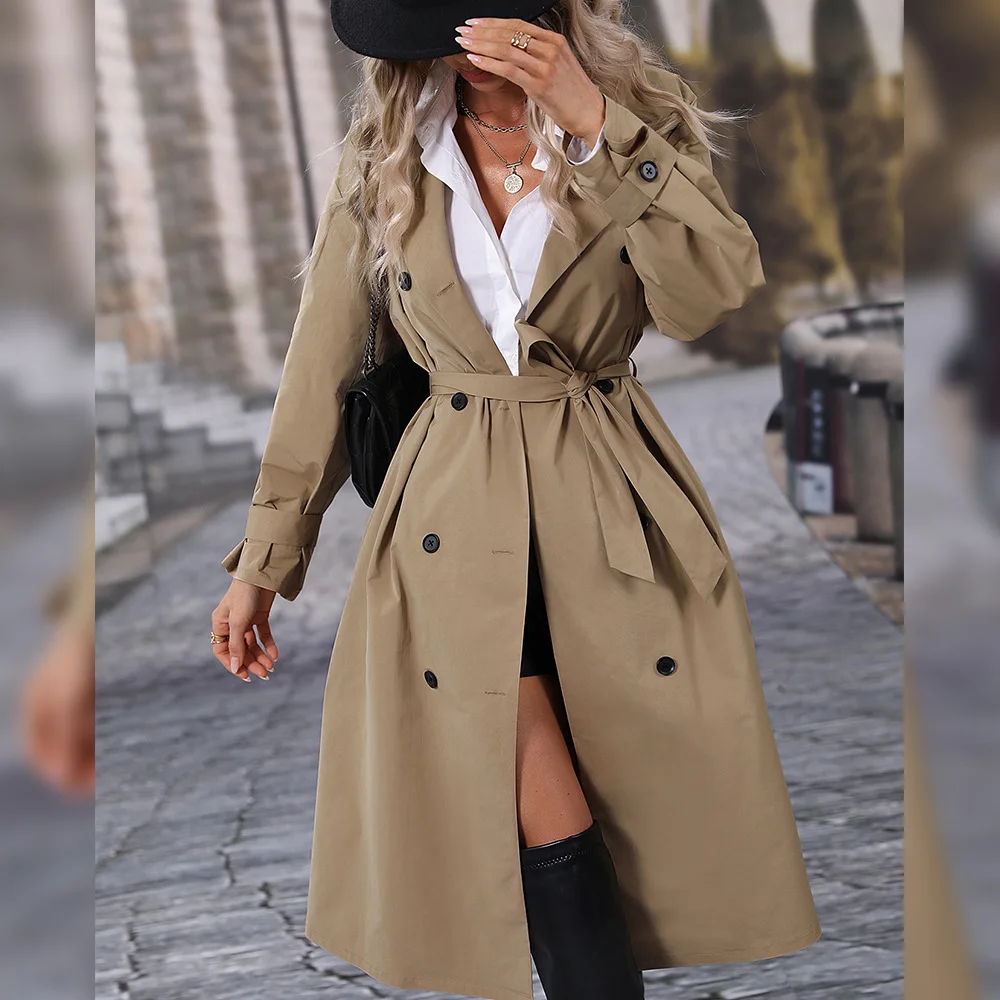 

2022 Casual Khaki Trench Coat for Women Korea Double Breasted Belt Ladies Autumn Winter Clothing Suit Collar Long Windbreaker