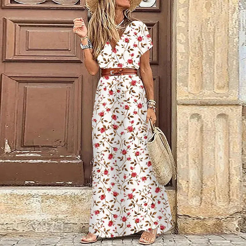 

Spring Summer New Bohemiain Style Printed Long Dresses For Women Short Sleeve Belt V-neck Casual Vacation Dress Vestido Feminino