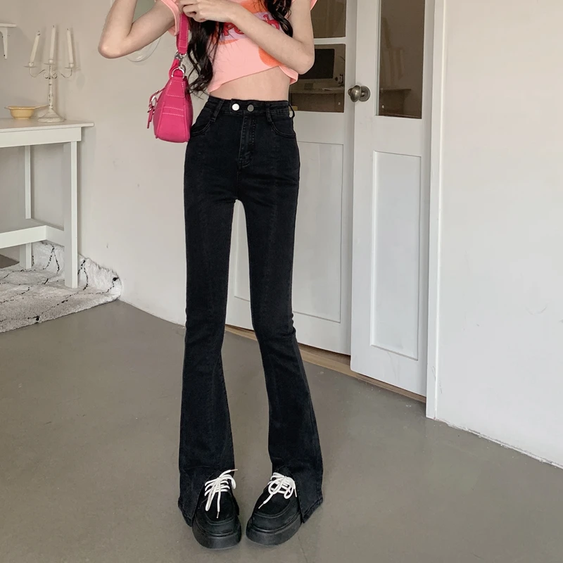 

N1189 Slit jeans women's new high waist wide leg flared mopping pants loose elastic straight pants jeans