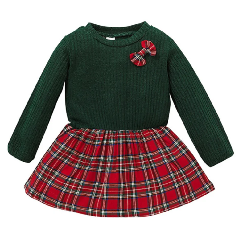 

Baby Girls Knitted Dress Spring Autumn Plaid Bow Patchwork Christmas Dresses Princess Kids Clothes