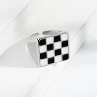 black and white chessboard series square metal wild ring woman cold wind irregular 925silver jewelry