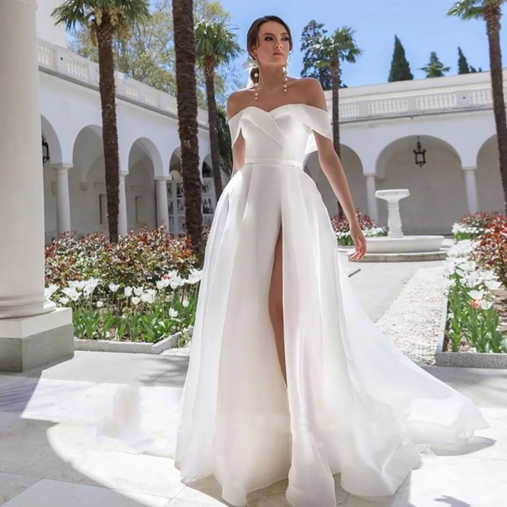 

Classic Sweetheart Wedding Dress Fashion Short Sleeve Sweep Train Front Slit A Line Bridal Gown Платья для матери невесты