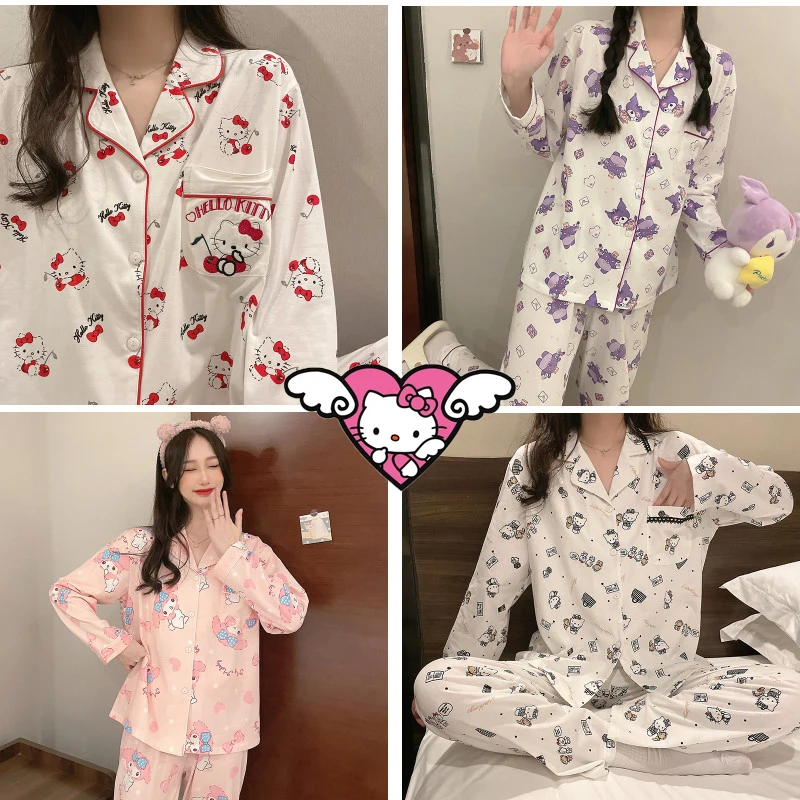 

Милая Хлопковая пижама Hello Kitty с аниме-фигуркой Kuromi Purin, женский костюм с длинными рукавами, ночная рубашка для девочек с мультипликационными...