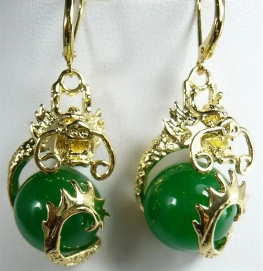 

Fancy 12mm green jade dragon fine gem earrings
