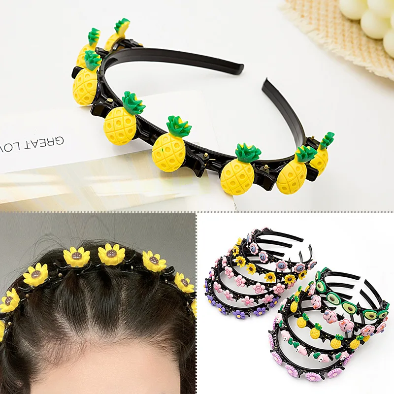 

Cute Flower Bangs Fixed Braided Hairbands Clips Girls Sweet Hair Ornament Kids Cartoon Fruit Headband Fashion Hair Accessories