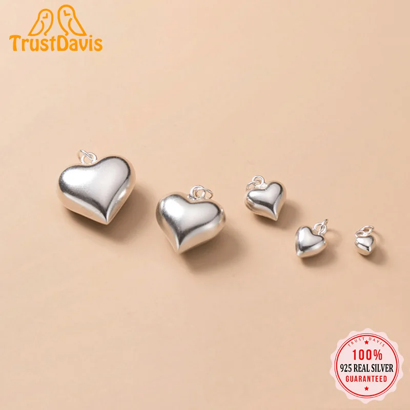 TrustDavis Real 925 Sterling Silver 3D Love Romantic Heart 4 6 8 13 15mm Charm Pendant Handmade DIY Accessories Wholesale DZ20