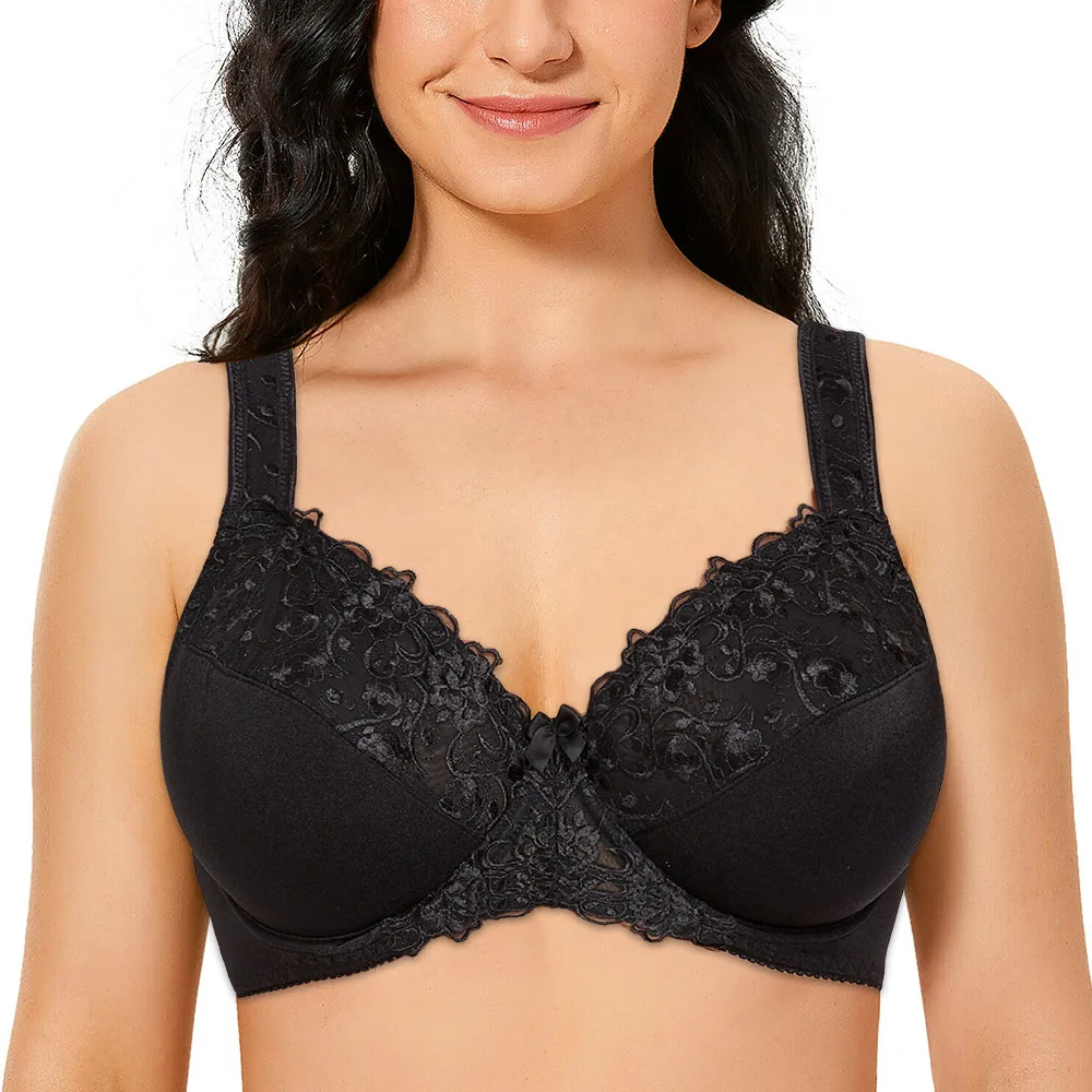 

Full Coverage Bra Plus Size B C D E F G H I Cup Lace Bra Minimizer Non-Padded Underwire Woman Bra Floral Embroidery For Female