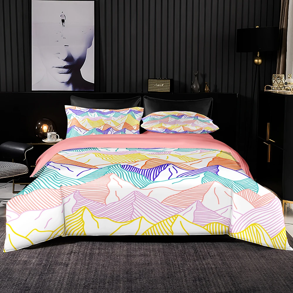 

2/3 Set Bedding Set Pink Yellow Blue Hills Print,Irregular Line Duvet Cover 220x240,Soft Set with Pillowcase for King Queen Size