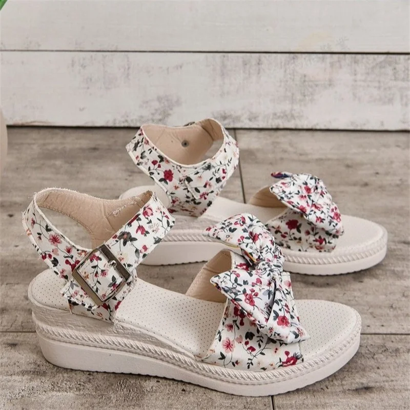 Shoes for Women 2023 Basic Women's Sandals Summer Casual Sandals Women Fashion Bow Wedges Shoes Ladies Print Platform Sandals