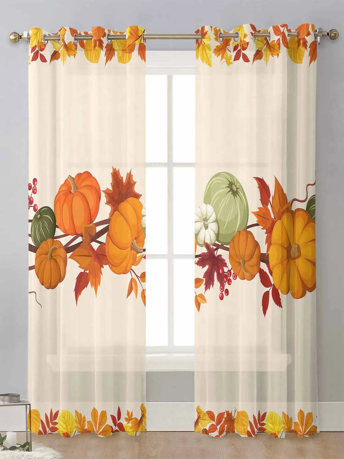 

Thanksgiving Pumpkin Maple Leaf Sheer Curtains For Living Room Window Transparent Voile Tulle Curtain Cortinas Drapes Home Decor