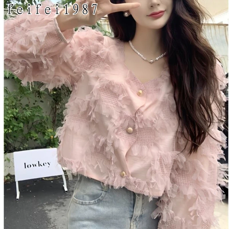 

Женская рубашка с длинным рукавом, короткая кофта с бахромой, весна-лето 2023