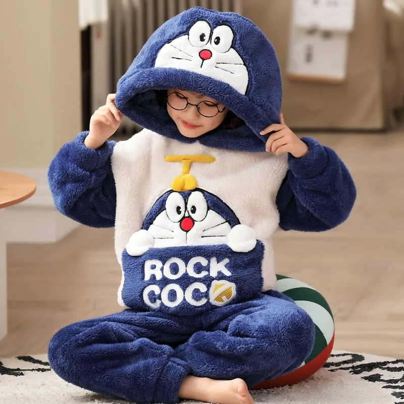 

Disney Autumn Kids Pajamas Children Rest Clothes Sleepwear Sets Girls Long Sleeve Hooded Flannel Nightgown Chic Home Clothes